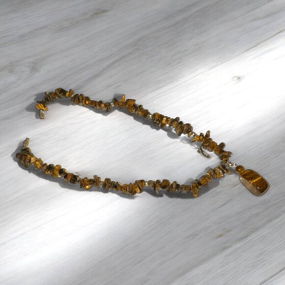 Vintage Natural Tiger Eye Chips Beads and Pendant Necklace Fashion Jewelry - Picture 4 of 5